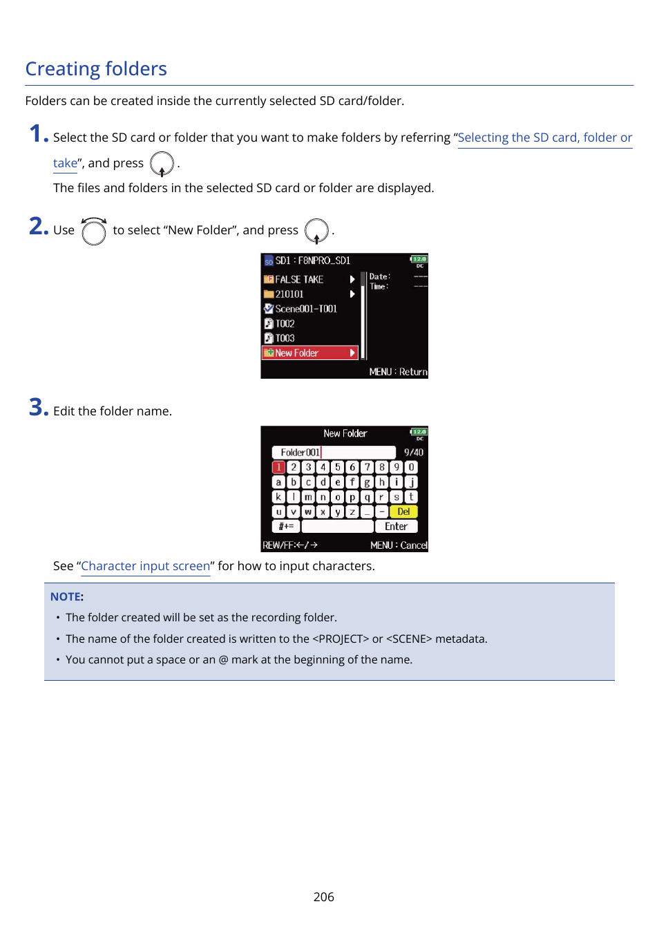 Creating folders | Zoom F8n Pro 8-Input / 10-Track Multitrack Field Recorder User Manual | Page 206 / 316