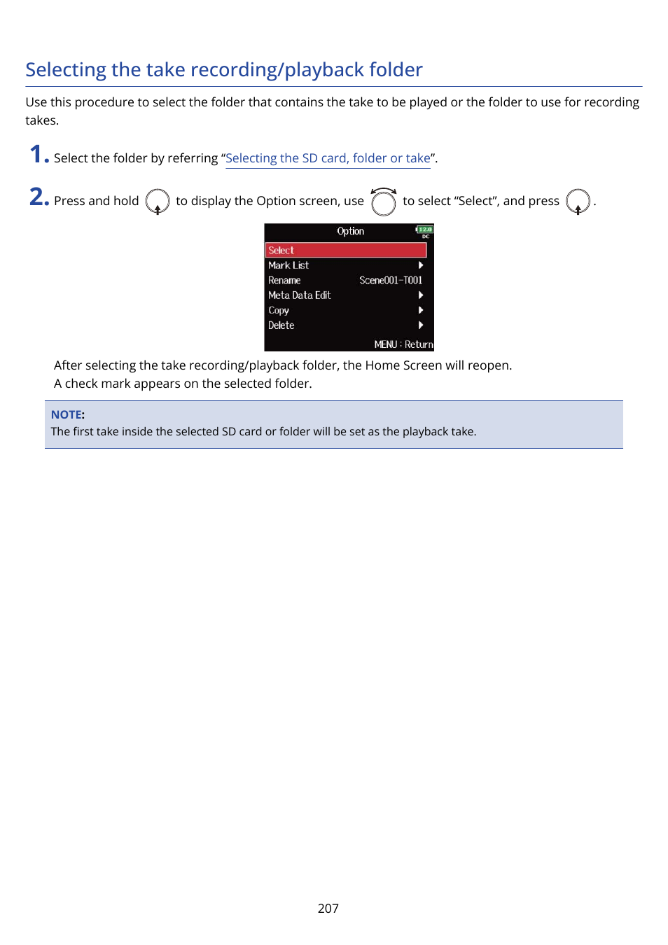 Selecting the take recording/playback folder | Zoom F8n Pro 8-Input / 10-Track Multitrack Field Recorder User Manual | Page 207 / 316