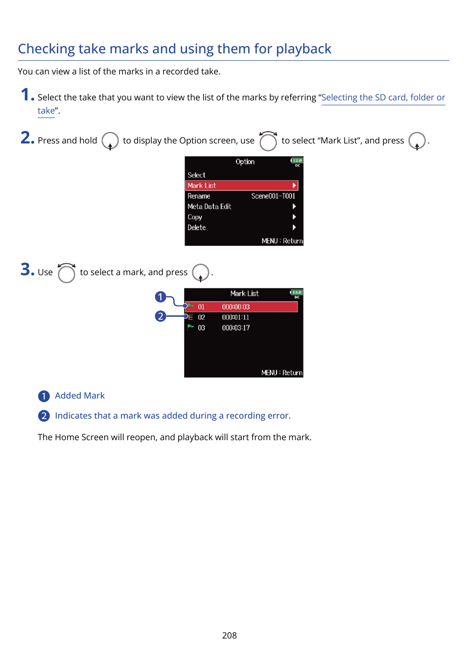 Checking take marks and using them for playback | Zoom F8n Pro 8-Input / 10-Track Multitrack Field Recorder User Manual | Page 208 / 316