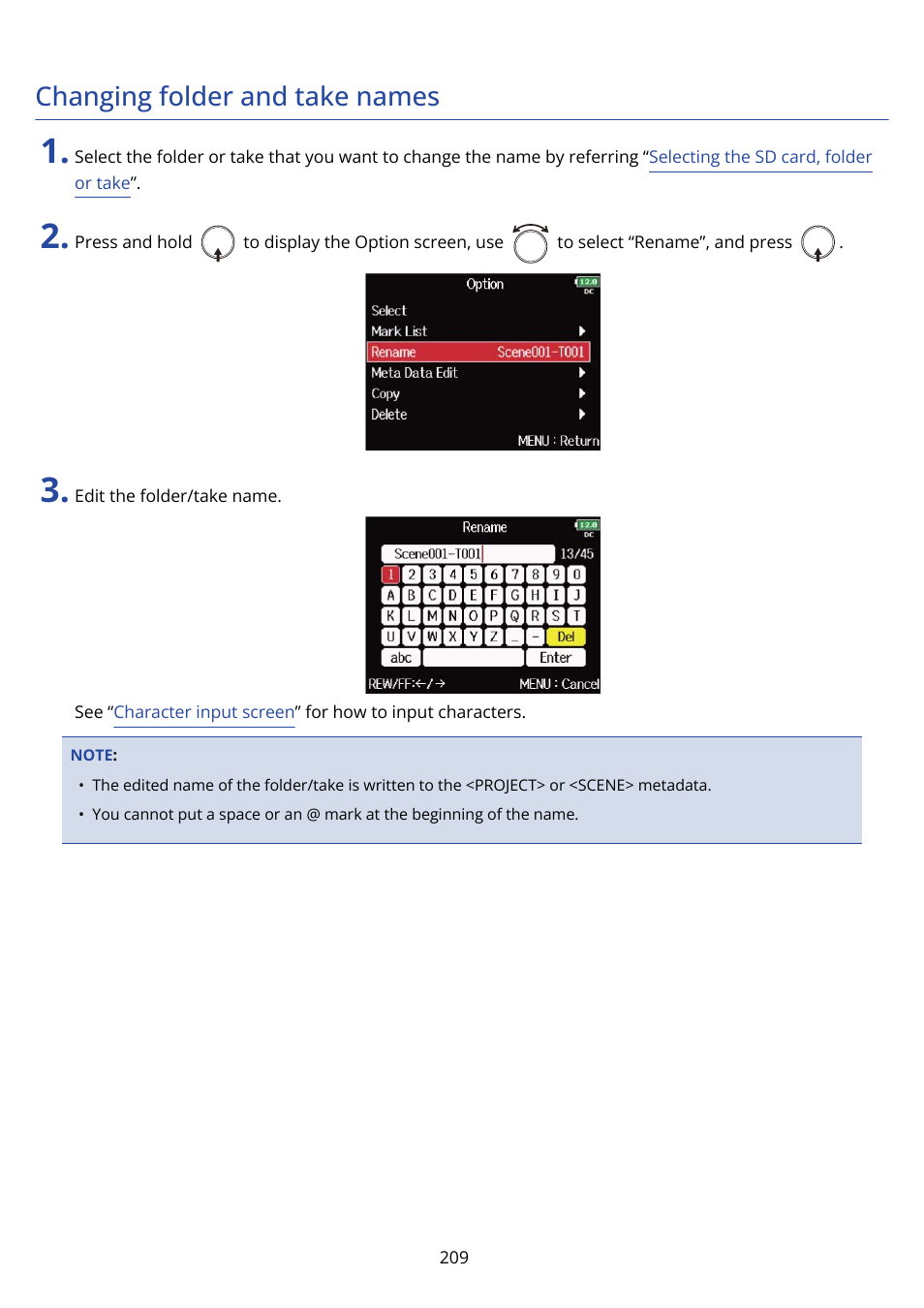 Changing folder and take names | Zoom F8n Pro 8-Input / 10-Track Multitrack Field Recorder User Manual | Page 209 / 316