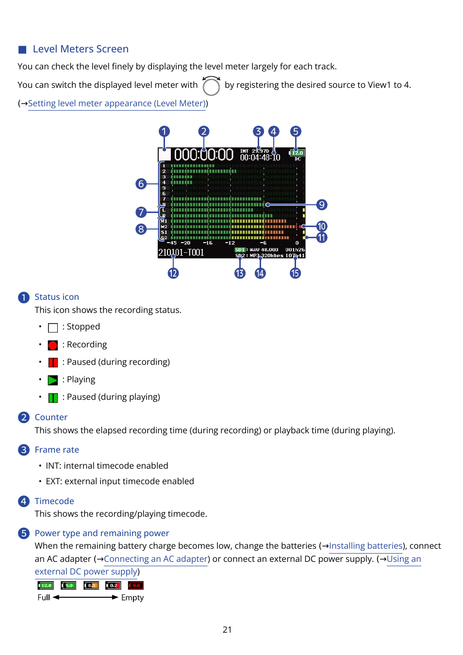 Level meters screen | Zoom F8n Pro 8-Input / 10-Track Multitrack Field Recorder User Manual | Page 21 / 316