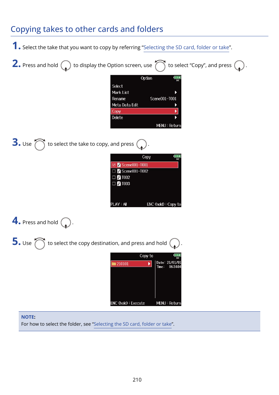 Copying takes to other cards and folders | Zoom F8n Pro 8-Input / 10-Track Multitrack Field Recorder User Manual | Page 210 / 316