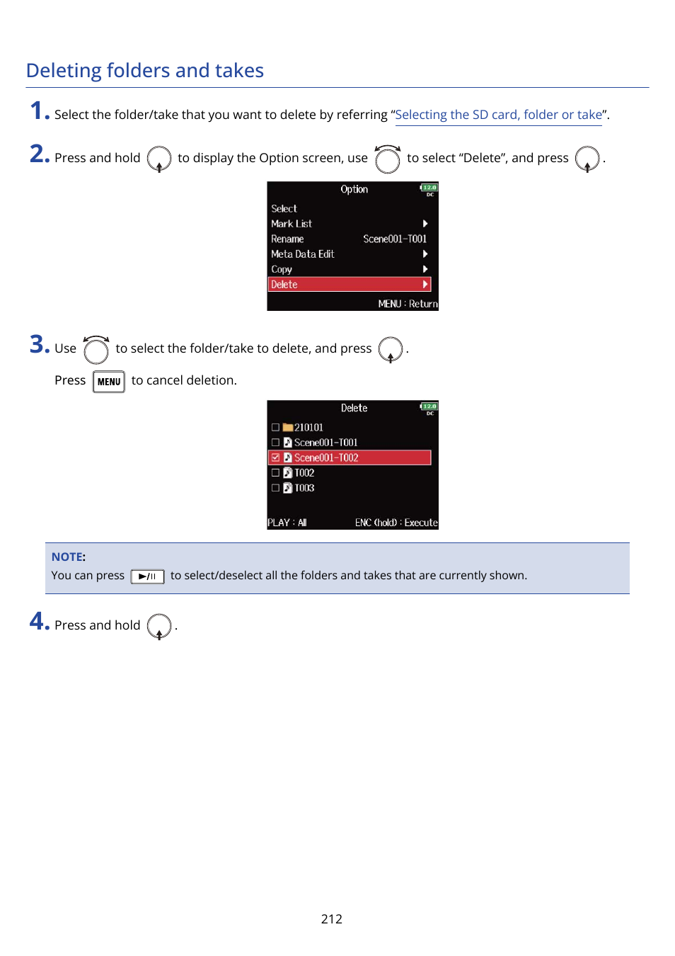 Deleting folders and takes | Zoom F8n Pro 8-Input / 10-Track Multitrack Field Recorder User Manual | Page 212 / 316