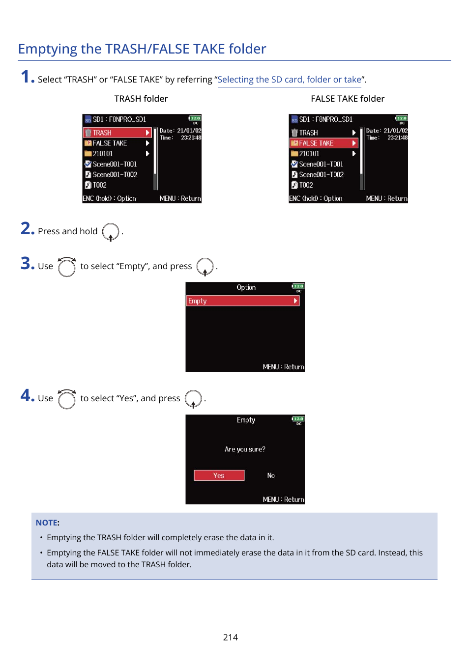 Emptying the trash/false take folder | Zoom F8n Pro 8-Input / 10-Track Multitrack Field Recorder User Manual | Page 214 / 316