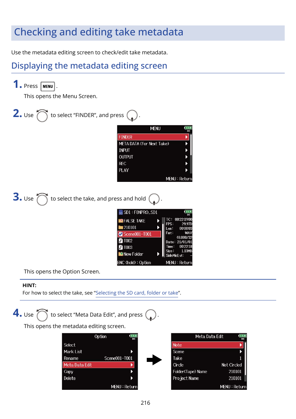 Checking and editing take metadata, Displaying the metadata editing screen | Zoom F8n Pro 8-Input / 10-Track Multitrack Field Recorder User Manual | Page 216 / 316