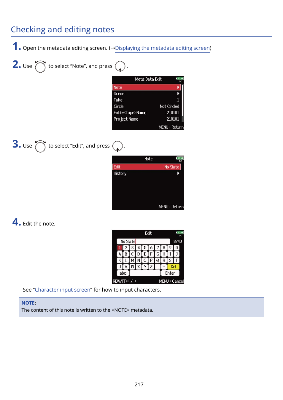 Checking and editing notes | Zoom F8n Pro 8-Input / 10-Track Multitrack Field Recorder User Manual | Page 217 / 316