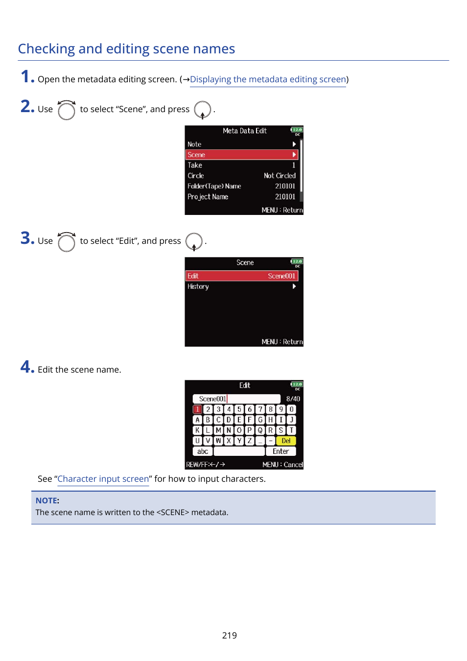 Checking and editing scene names | Zoom F8n Pro 8-Input / 10-Track Multitrack Field Recorder User Manual | Page 219 / 316