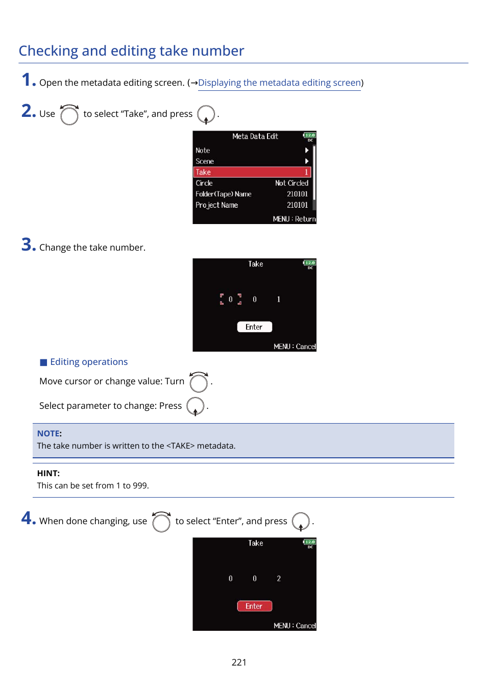 Checking and editing take number | Zoom F8n Pro 8-Input / 10-Track Multitrack Field Recorder User Manual | Page 221 / 316