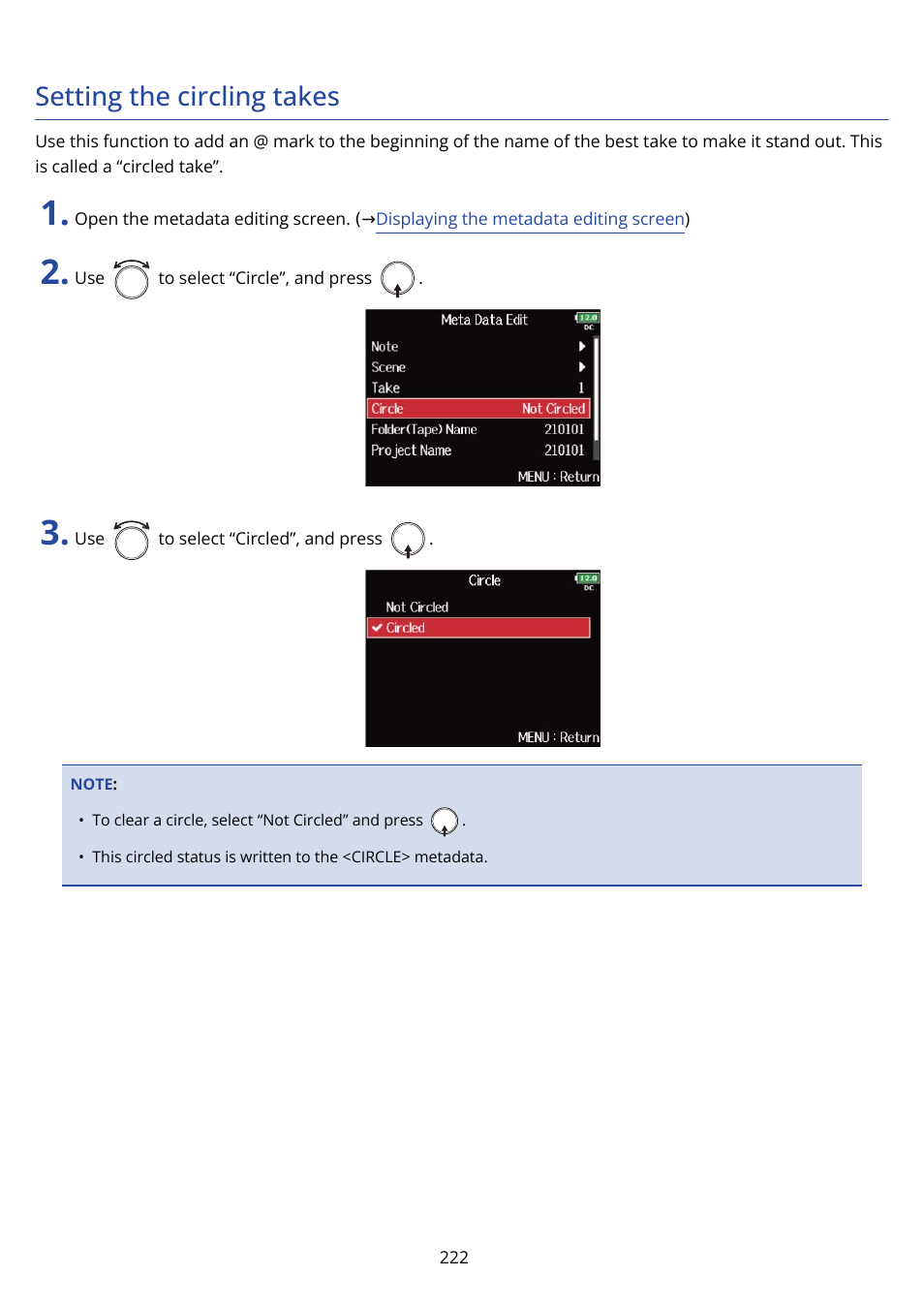 Setting the circling takes | Zoom F8n Pro 8-Input / 10-Track Multitrack Field Recorder User Manual | Page 222 / 316