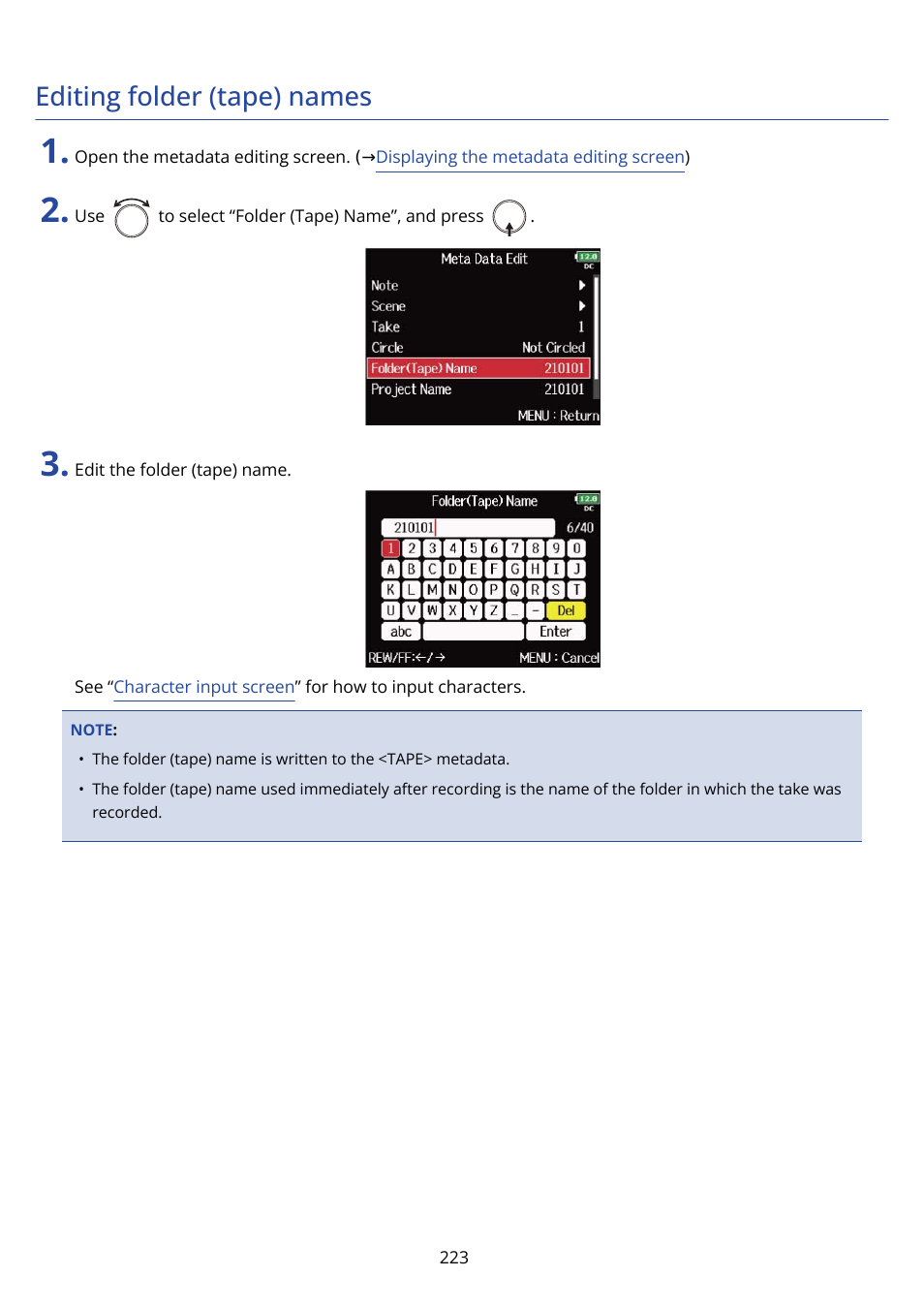 Editing folder (tape) names | Zoom F8n Pro 8-Input / 10-Track Multitrack Field Recorder User Manual | Page 223 / 316