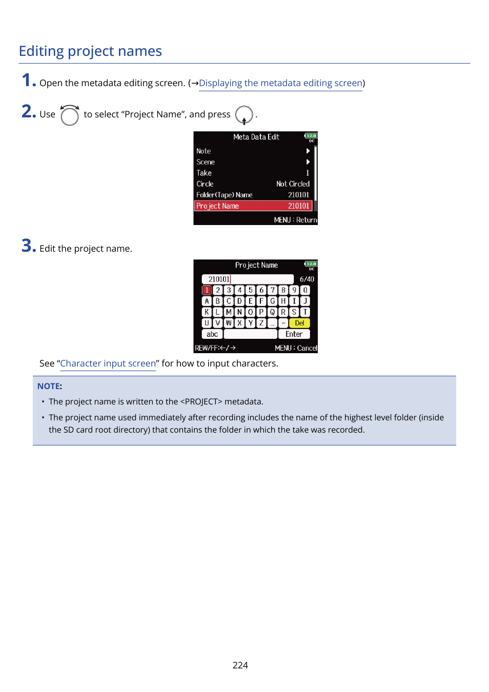 Editing project names | Zoom F8n Pro 8-Input / 10-Track Multitrack Field Recorder User Manual | Page 224 / 316