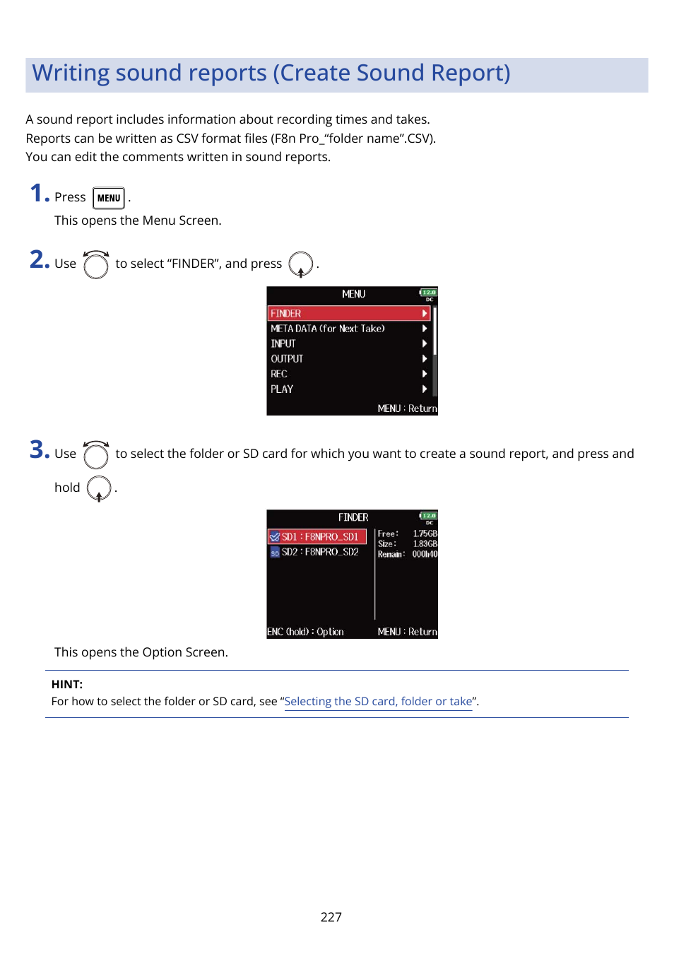 Writing sound reports (create sound report) | Zoom F8n Pro 8-Input / 10-Track Multitrack Field Recorder User Manual | Page 227 / 316