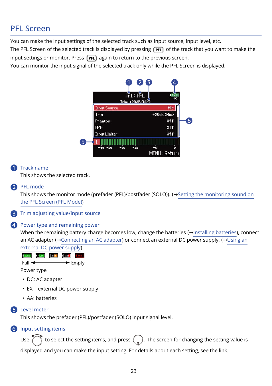 Pfl screen, Screen | Zoom F8n Pro 8-Input / 10-Track Multitrack Field Recorder User Manual | Page 23 / 316