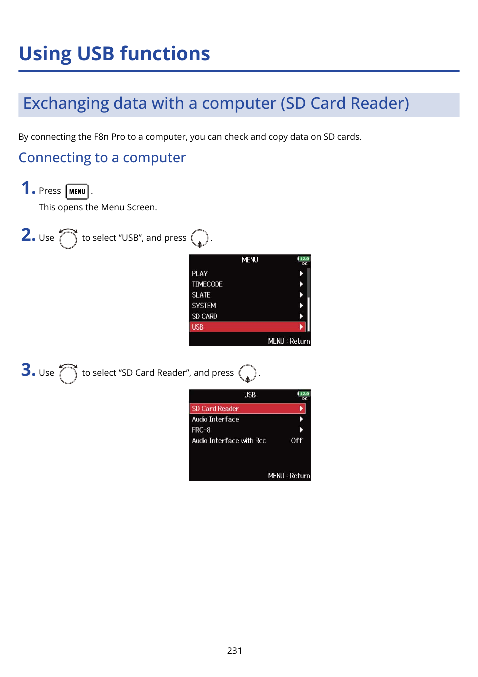 Using usb functions, Exchanging data with a computer (sd card reader), Connecting to a computer | Zoom F8n Pro 8-Input / 10-Track Multitrack Field Recorder User Manual | Page 231 / 316
