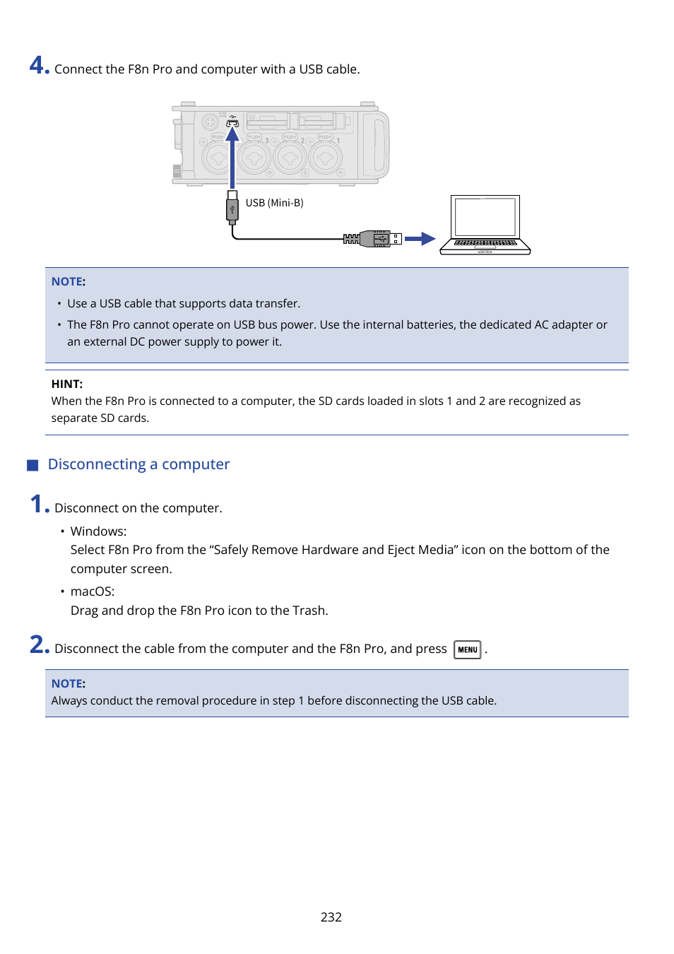 Disconnecting a computer | Zoom F8n Pro 8-Input / 10-Track Multitrack Field Recorder User Manual | Page 232 / 316