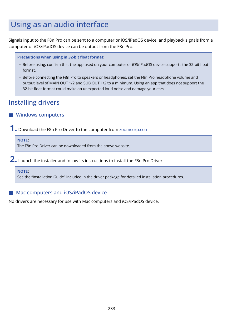 Using as an audio interface, Installing drivers, Windows computers | Mac computers and ios/ipados device | Zoom F8n Pro 8-Input / 10-Track Multitrack Field Recorder User Manual | Page 233 / 316