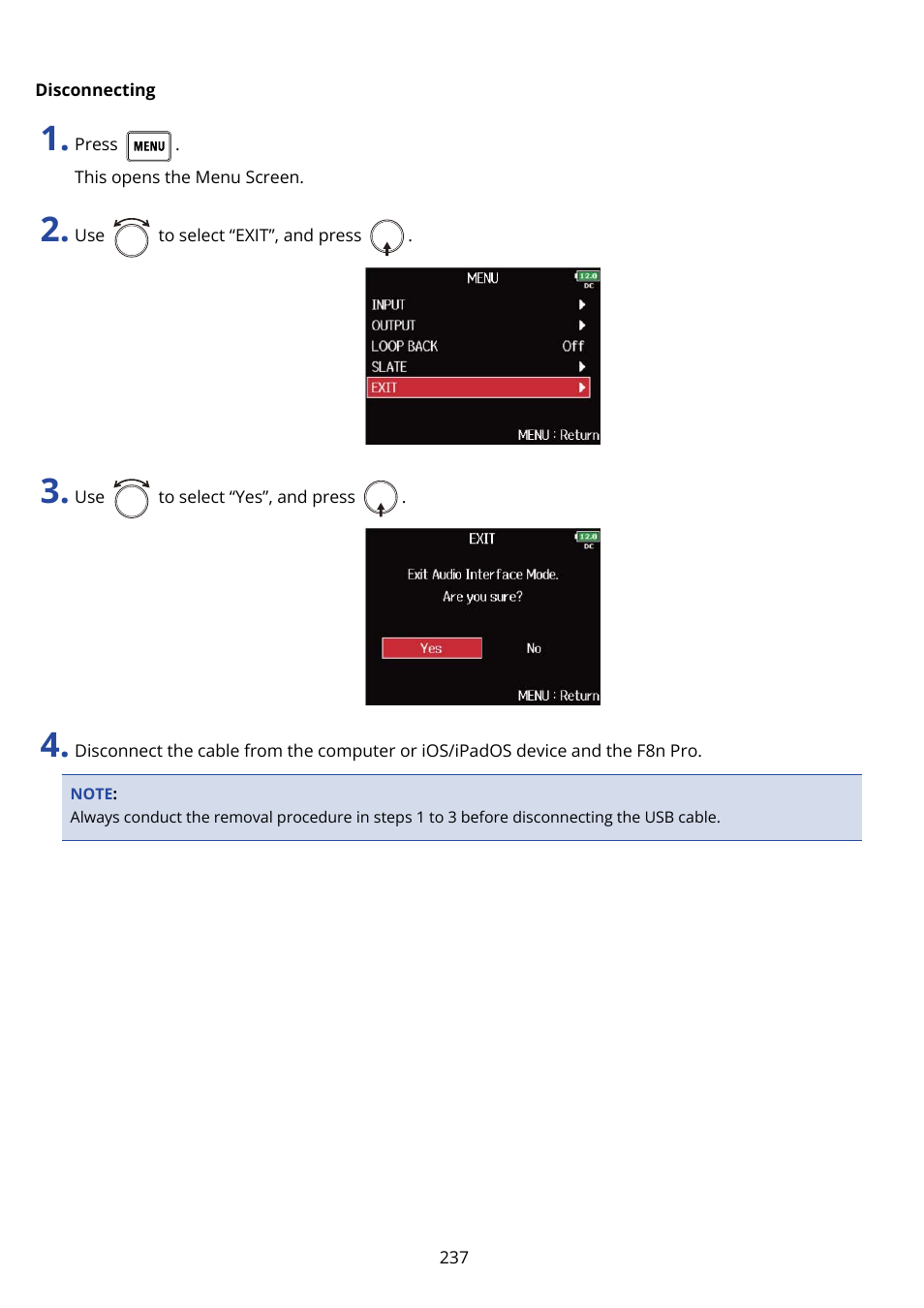 Disconnecting | Zoom F8n Pro 8-Input / 10-Track Multitrack Field Recorder User Manual | Page 237 / 316