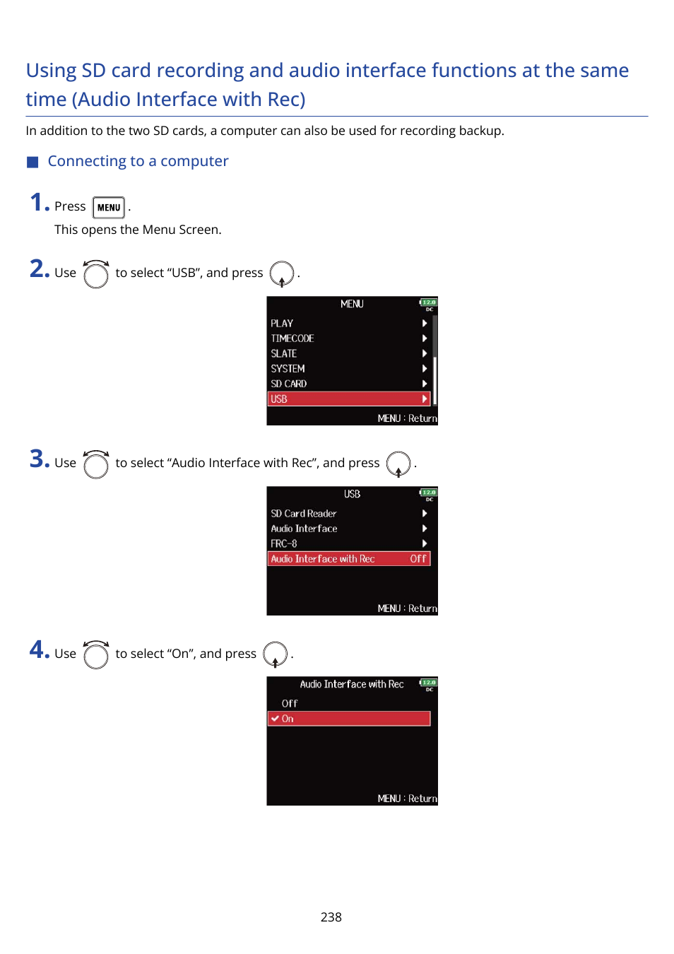 Connecting to a computer, Using sd card recording and | Zoom F8n Pro 8-Input / 10-Track Multitrack Field Recorder User Manual | Page 238 / 316