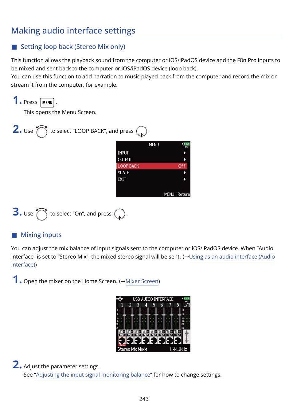 Making audio interface settings, Setting loop back (stereo mix only), Mixing inputs | Zoom F8n Pro 8-Input / 10-Track Multitrack Field Recorder User Manual | Page 243 / 316