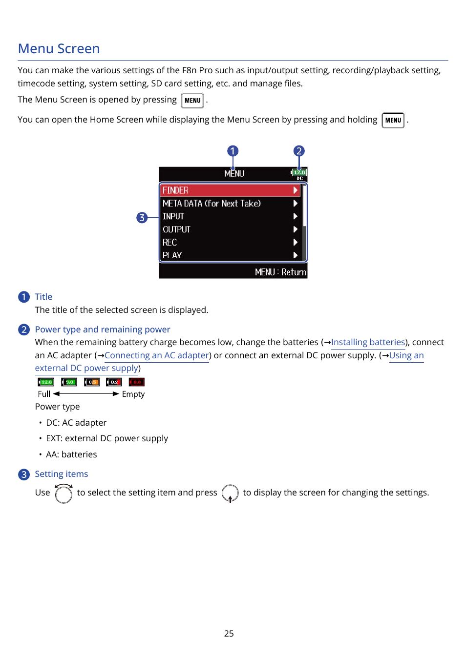 Menu screen | Zoom F8n Pro 8-Input / 10-Track Multitrack Field Recorder User Manual | Page 25 / 316