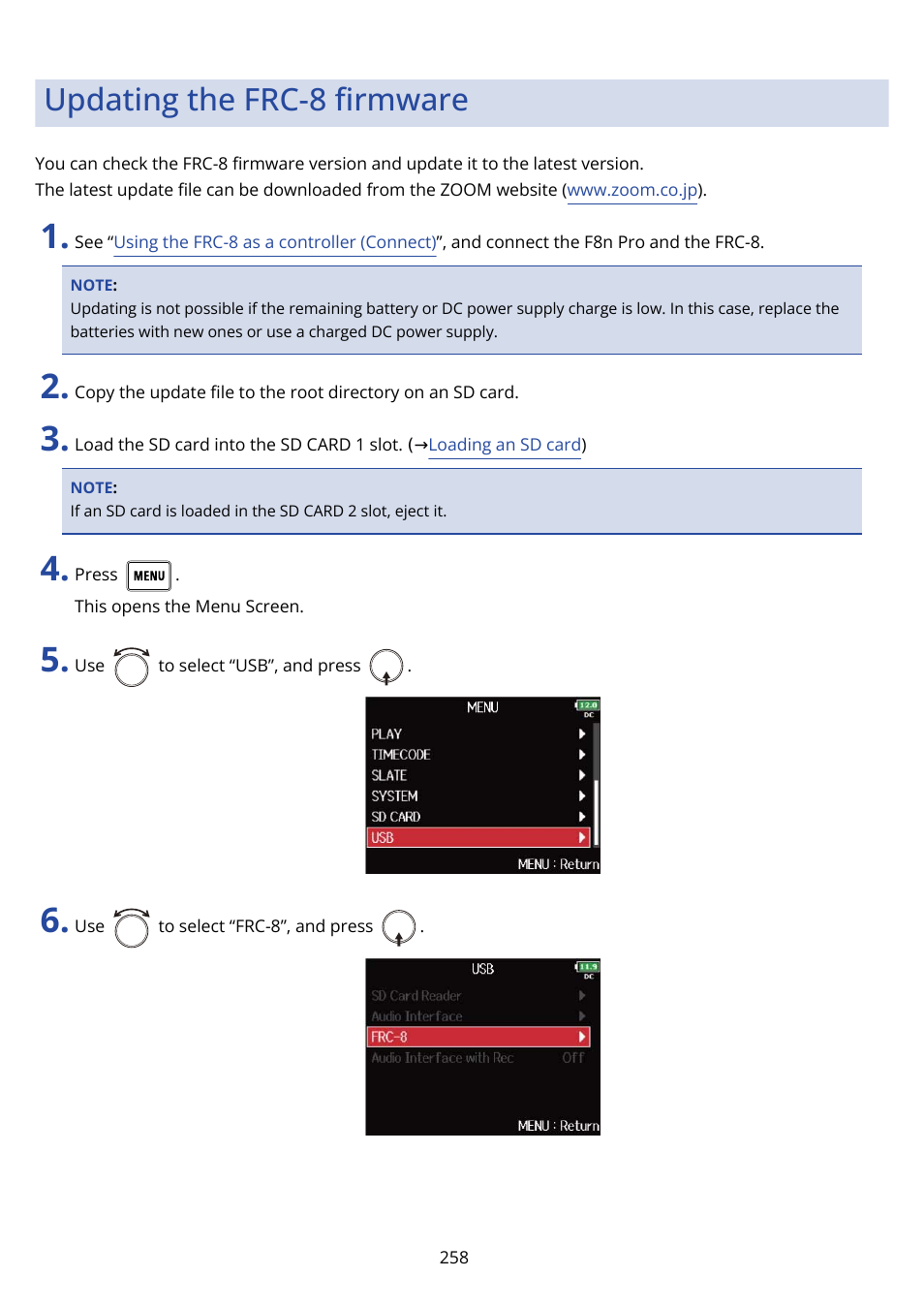 Updating the frc-8 firmware, Updating the frc-8 ﬁrmware | Zoom F8n Pro 8-Input / 10-Track Multitrack Field Recorder User Manual | Page 258 / 316