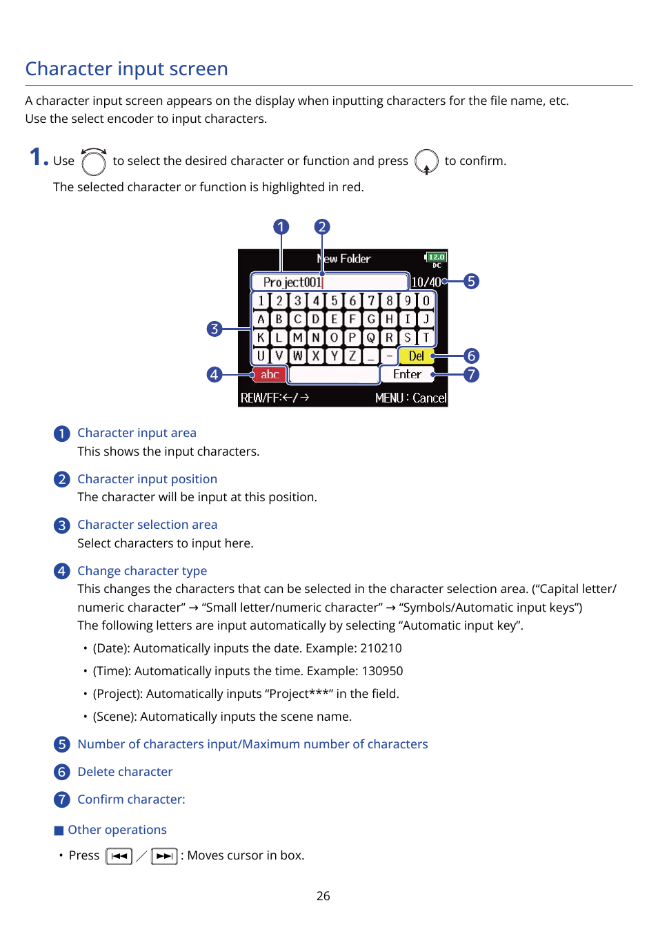 Character input screen | Zoom F8n Pro 8-Input / 10-Track Multitrack Field Recorder User Manual | Page 26 / 316