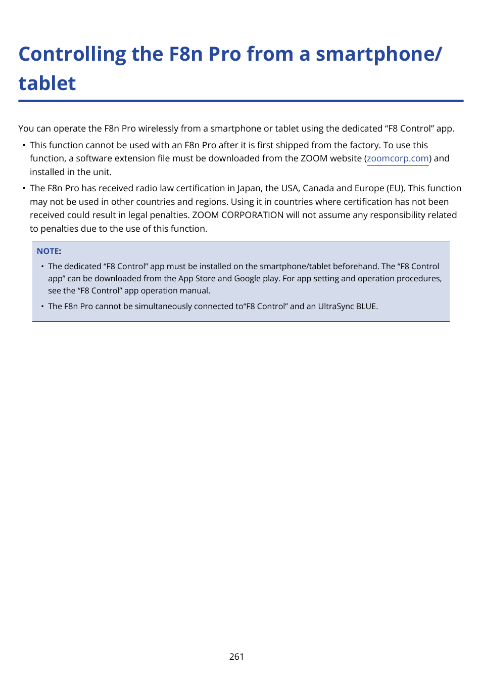 Controlling the f8n pro from a smartphone/tablet, Controlling the f8n pro from a smartphone/ tablet | Zoom F8n Pro 8-Input / 10-Track Multitrack Field Recorder User Manual | Page 261 / 316