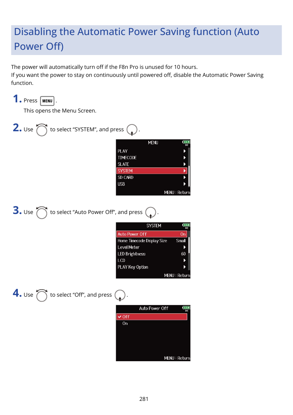 Power oﬀ) | Zoom F8n Pro 8-Input / 10-Track Multitrack Field Recorder User Manual | Page 281 / 316