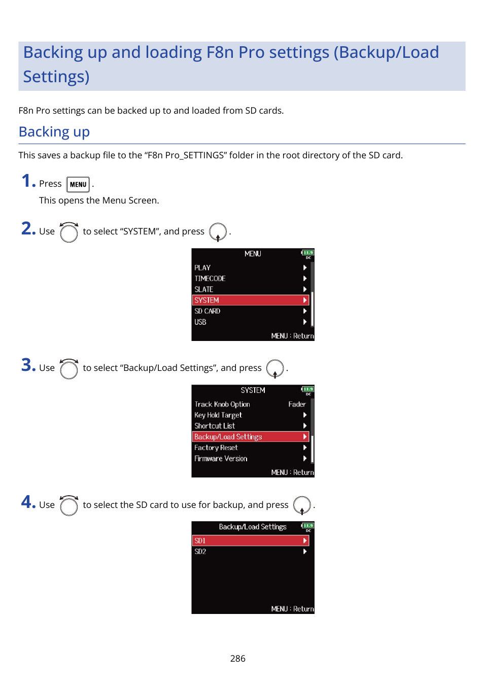 Backing up | Zoom F8n Pro 8-Input / 10-Track Multitrack Field Recorder User Manual | Page 286 / 316