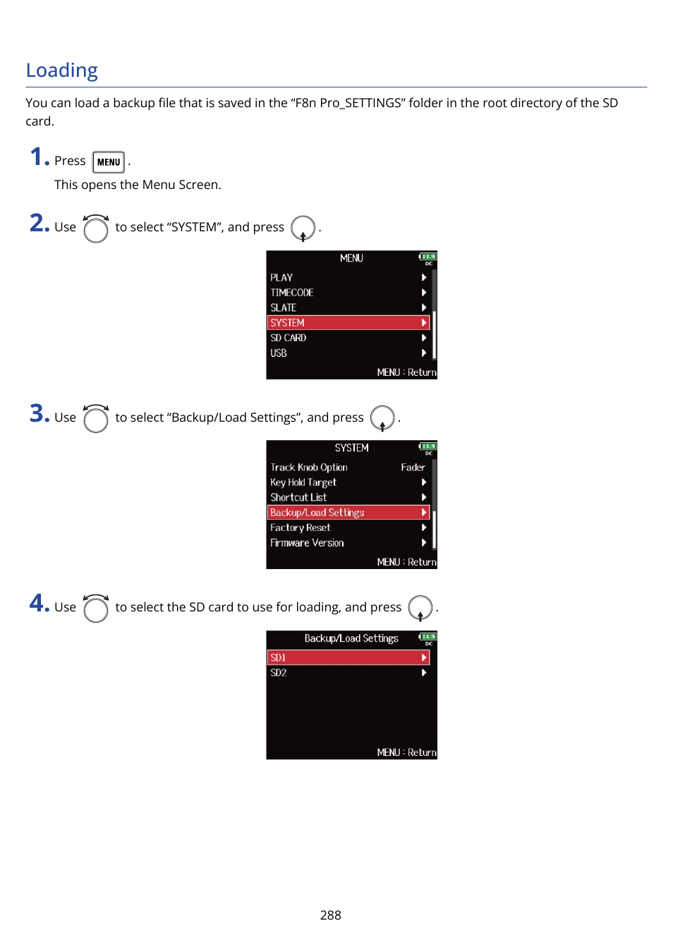 Loading | Zoom F8n Pro 8-Input / 10-Track Multitrack Field Recorder User Manual | Page 288 / 316