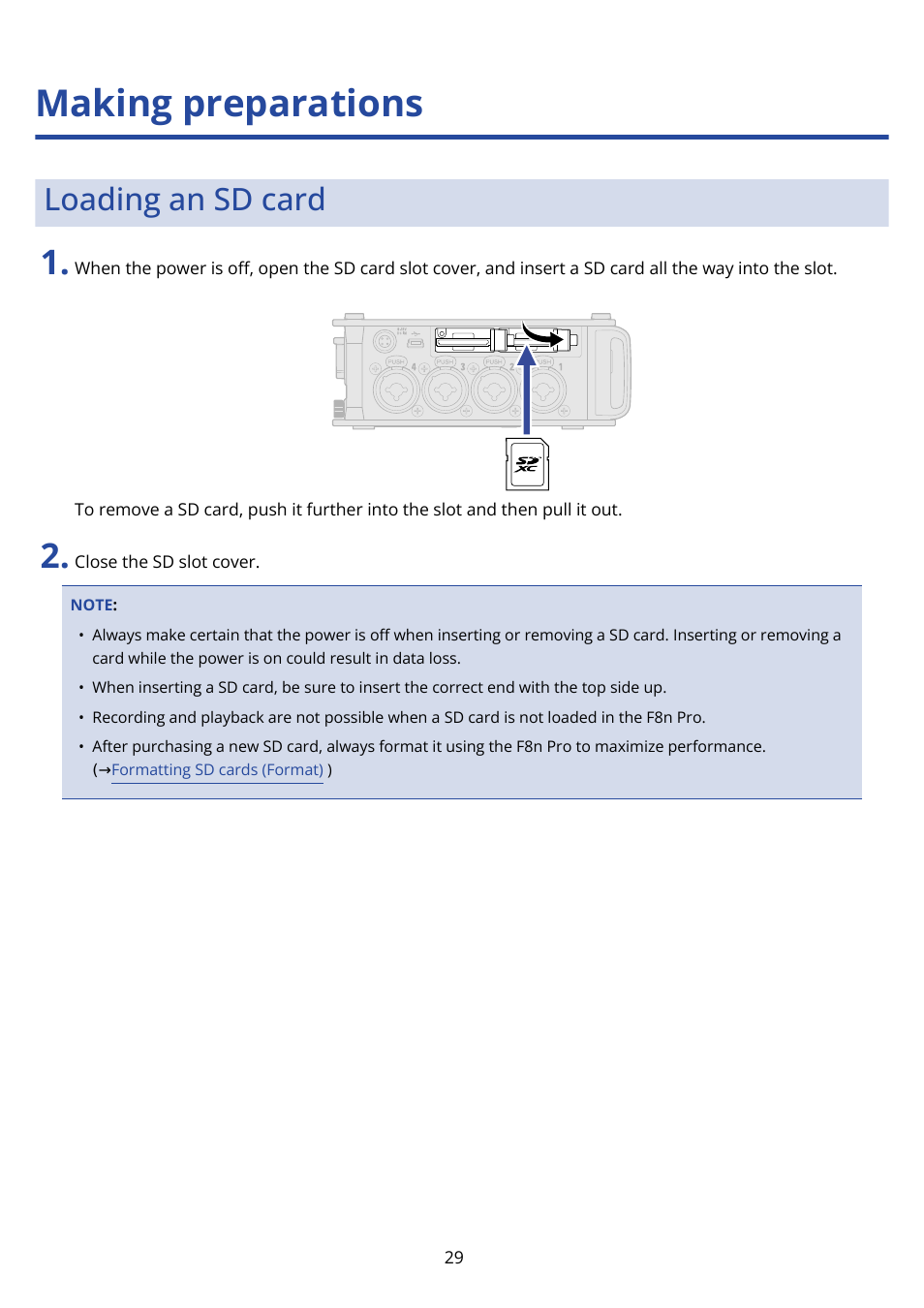 Making preparations, Loading an sd card | Zoom F8n Pro 8-Input / 10-Track Multitrack Field Recorder User Manual | Page 29 / 316