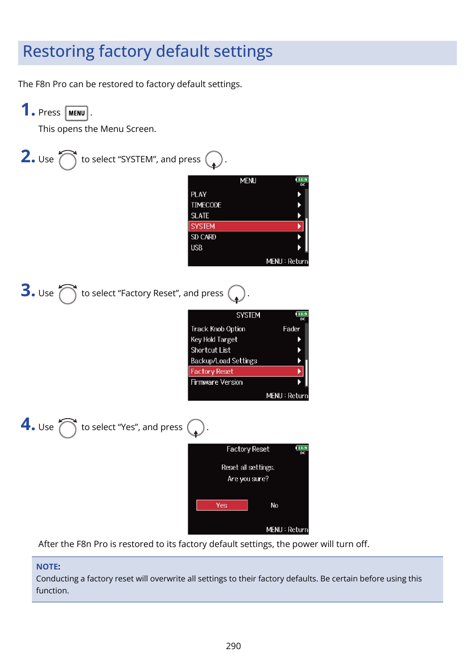 Restoring factory default settings | Zoom F8n Pro 8-Input / 10-Track Multitrack Field Recorder User Manual | Page 290 / 316