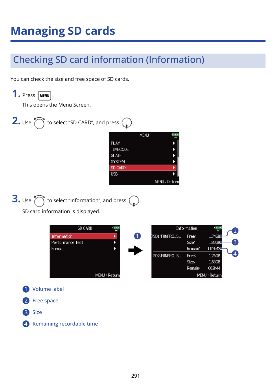 Managing sd cards, Checking sd card information (information) | Zoom F8n Pro 8-Input / 10-Track Multitrack Field Recorder User Manual | Page 291 / 316