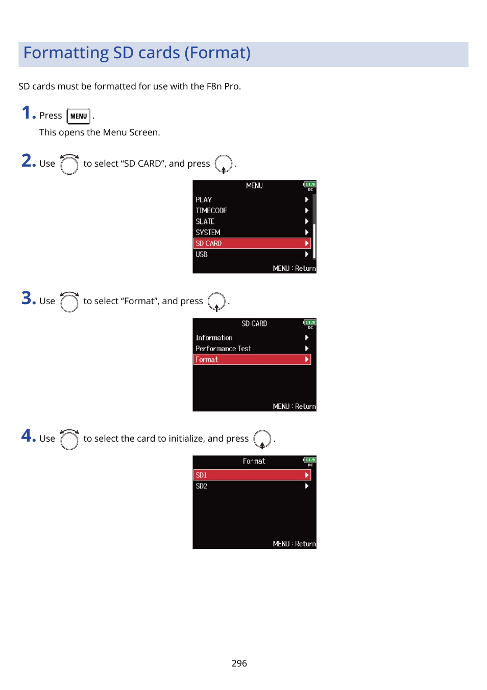 Formatting sd cards (format) | Zoom F8n Pro 8-Input / 10-Track Multitrack Field Recorder User Manual | Page 296 / 316