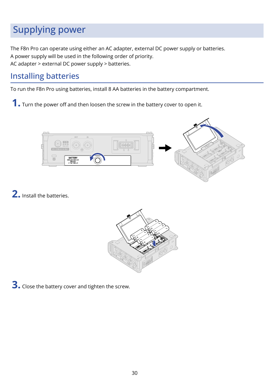Supplying power, Installing batteries, Connect | Zoom F8n Pro 8-Input / 10-Track Multitrack Field Recorder User Manual | Page 30 / 316