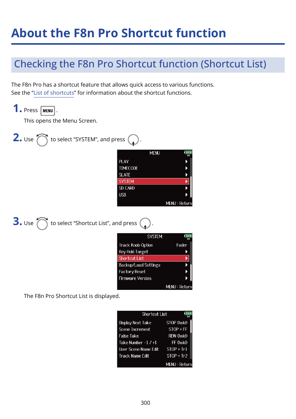 About the f8n pro shortcut function | Zoom F8n Pro 8-Input / 10-Track Multitrack Field Recorder User Manual | Page 300 / 316