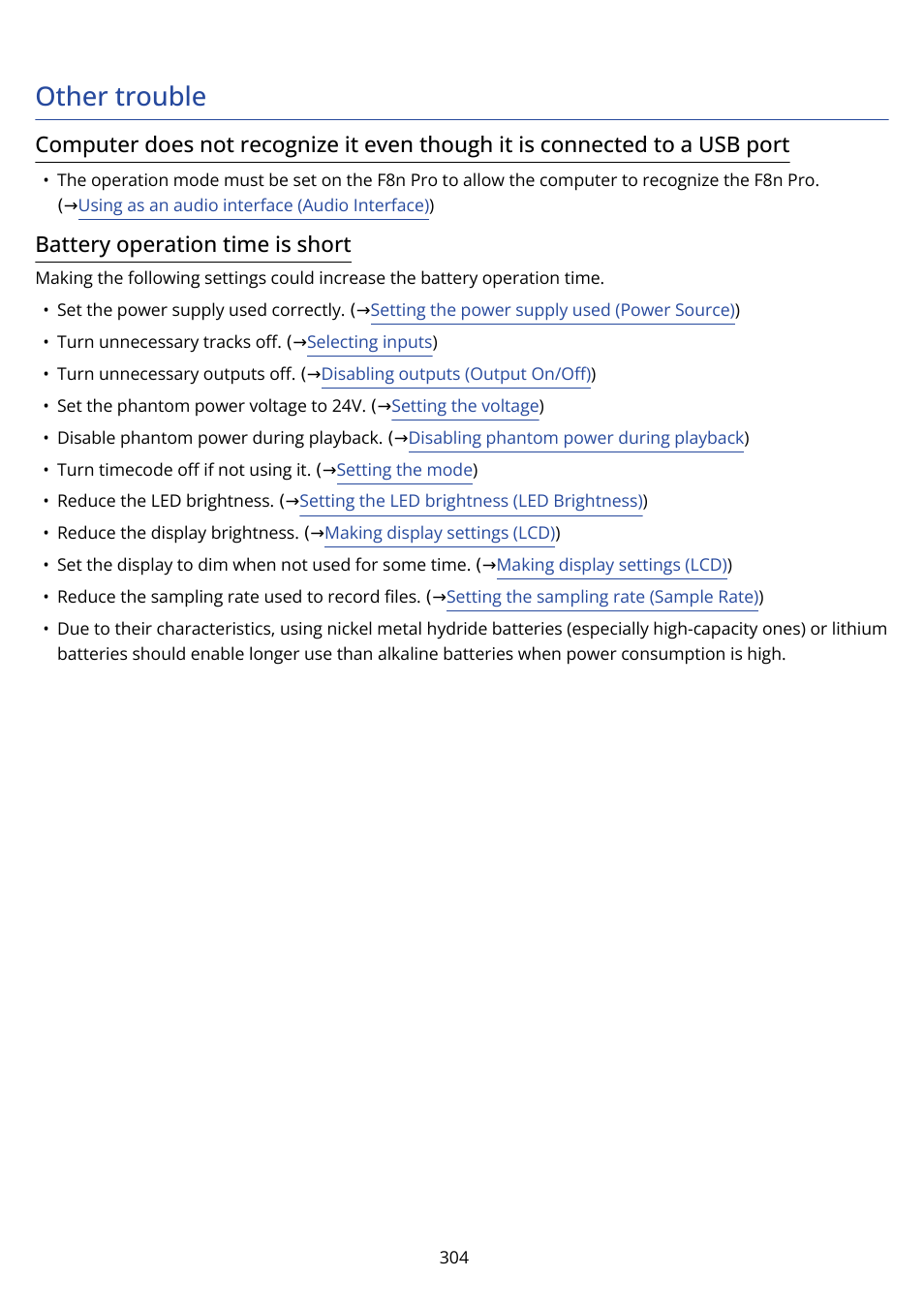 Other trouble, Battery operation time is short | Zoom F8n Pro 8-Input / 10-Track Multitrack Field Recorder User Manual | Page 304 / 316
