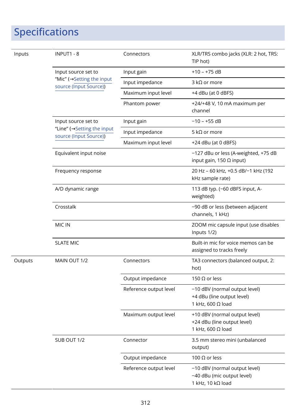 Specifications, Speciﬁcations | Zoom F8n Pro 8-Input / 10-Track Multitrack Field Recorder User Manual | Page 312 / 316