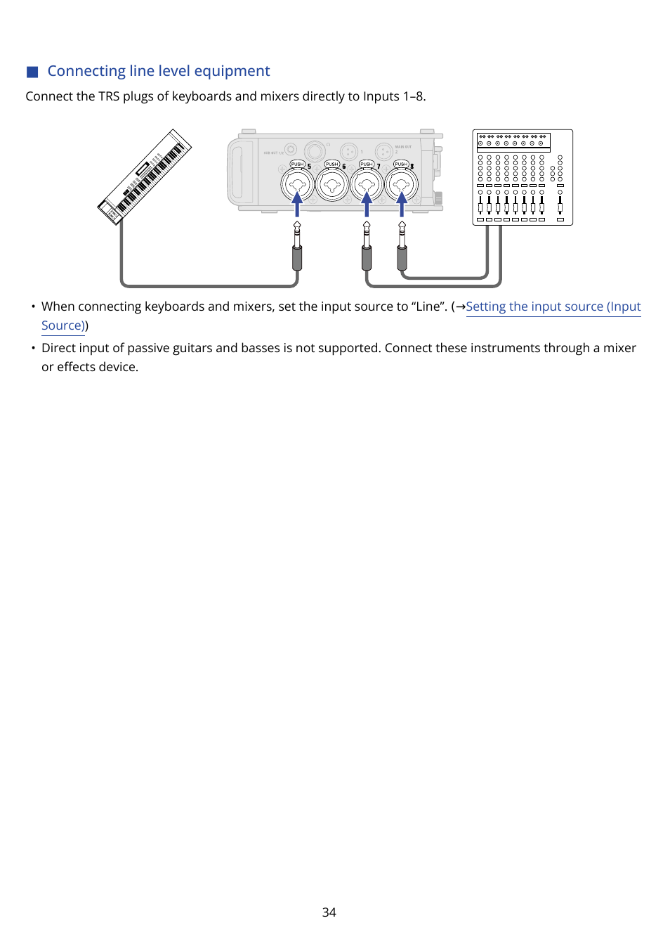 Connecting line level equipment | Zoom F8n Pro 8-Input / 10-Track Multitrack Field Recorder User Manual | Page 34 / 316