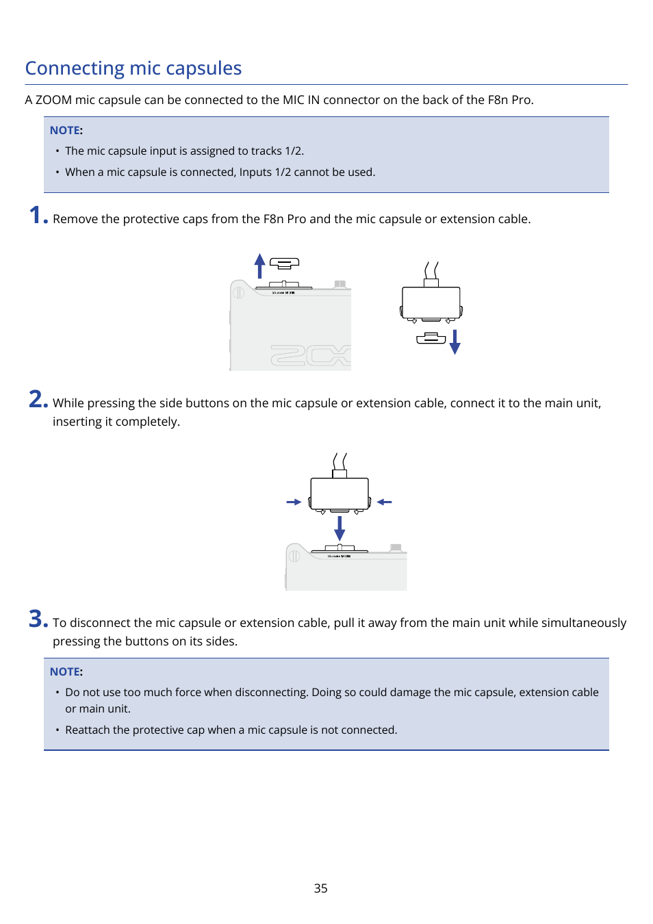 Connecting mic capsules, Connecting mic, Capsules | Zoom F8n Pro 8-Input / 10-Track Multitrack Field Recorder User Manual | Page 35 / 316
