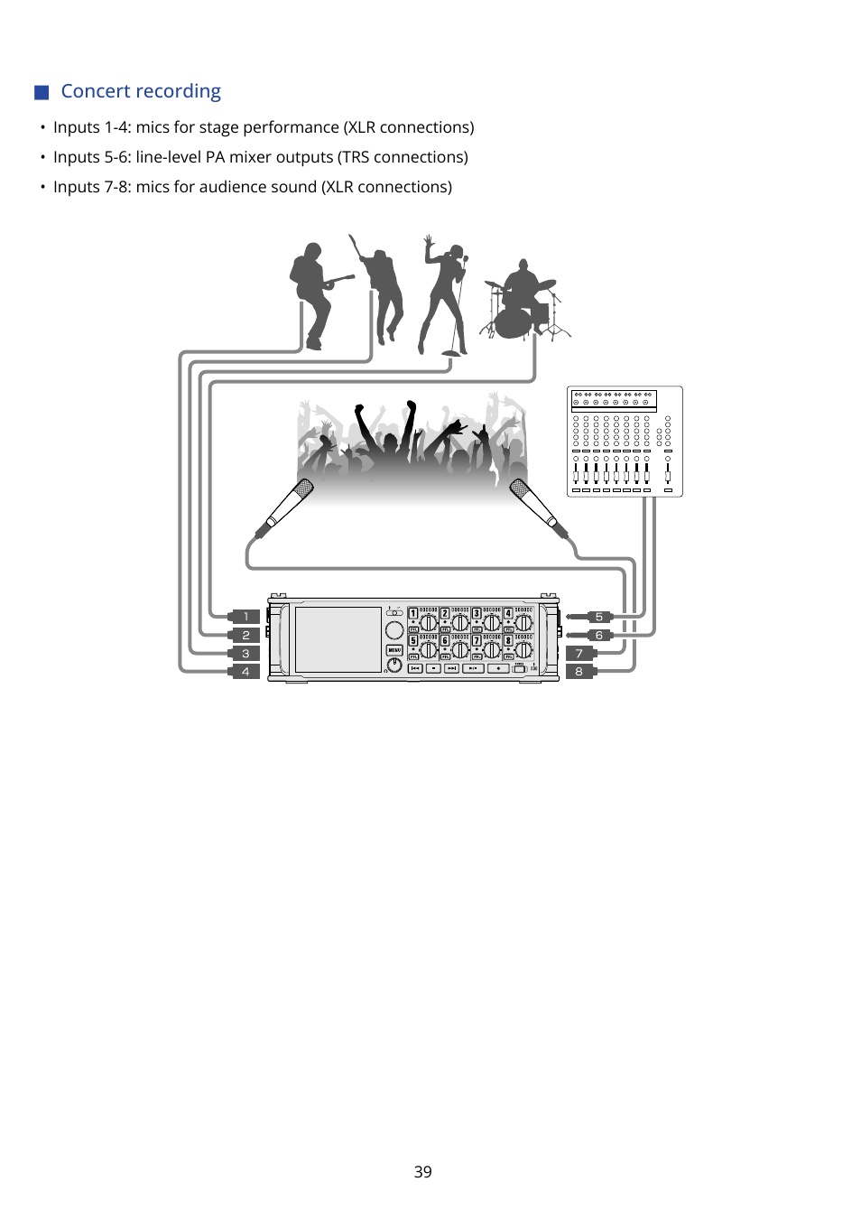 Concert recording | Zoom F8n Pro 8-Input / 10-Track Multitrack Field Recorder User Manual | Page 39 / 316