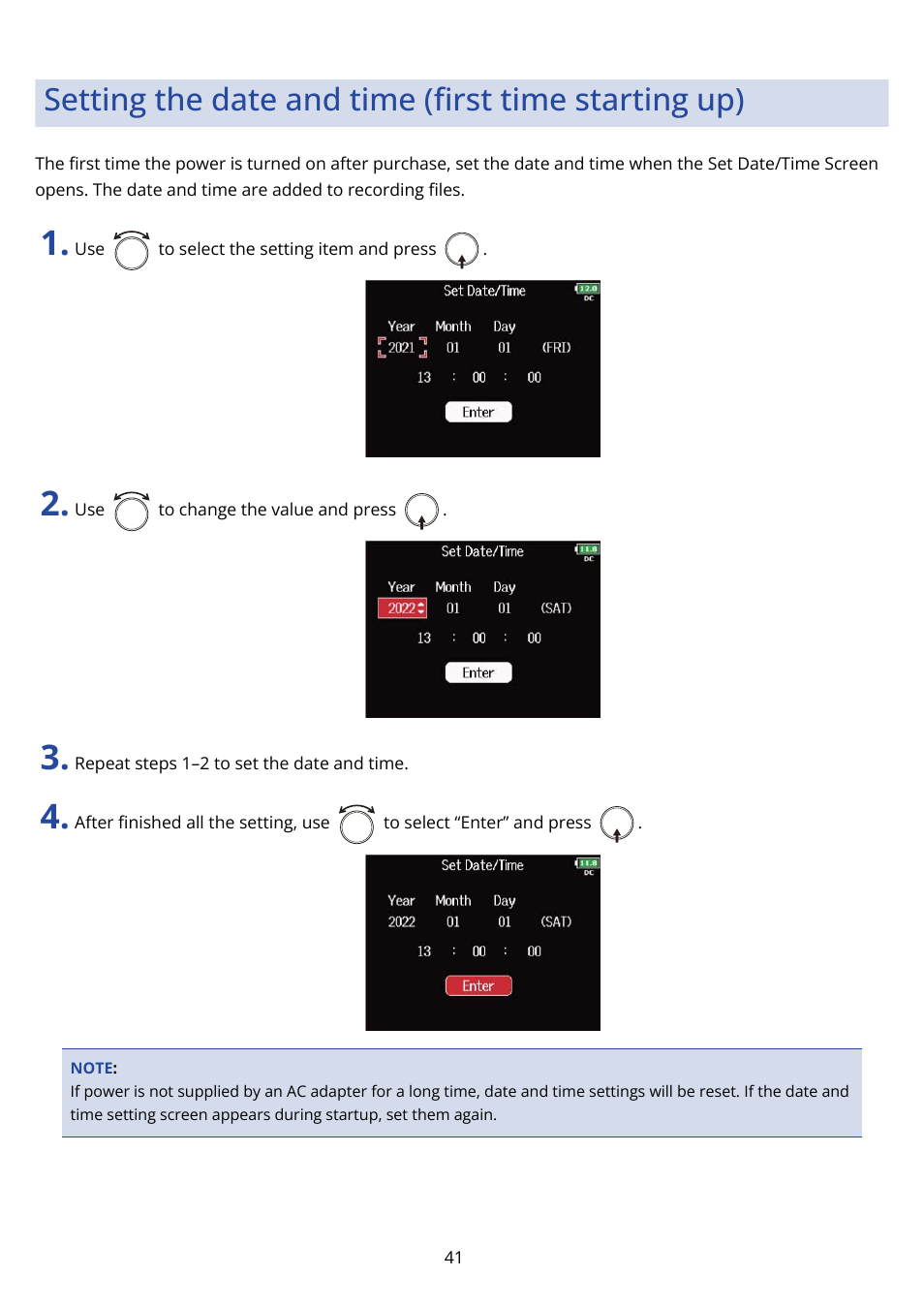 Setting the date and time (first time starting up), Setting the date and time (ﬁrst time starting up), Setting | The date and time (ﬁrst time starting up) | Zoom F8n Pro 8-Input / 10-Track Multitrack Field Recorder User Manual | Page 41 / 316