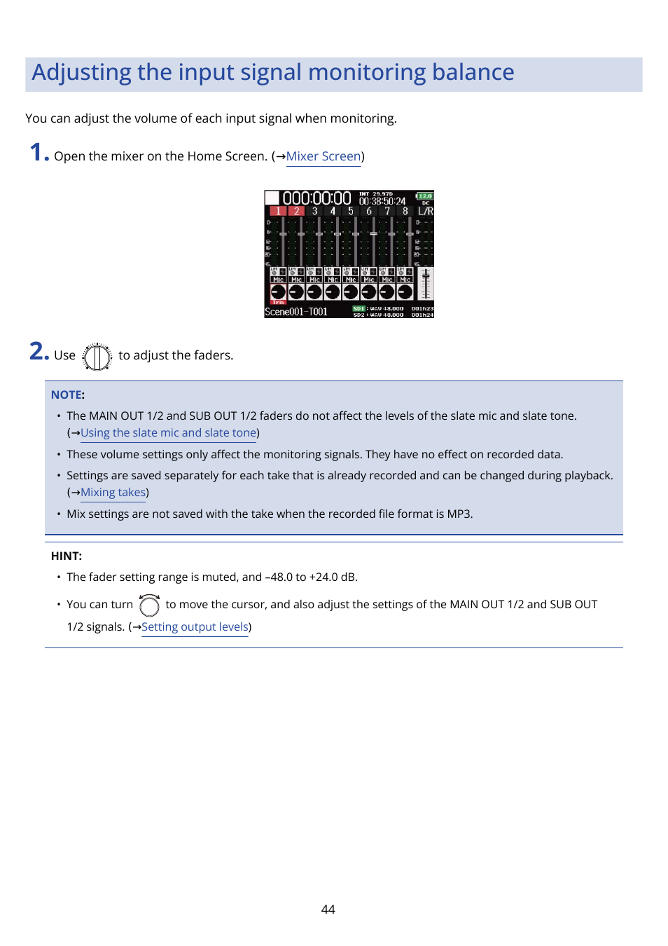 Adjusting the input signal monitoring balance | Zoom F8n Pro 8-Input / 10-Track Multitrack Field Recorder User Manual | Page 44 / 316