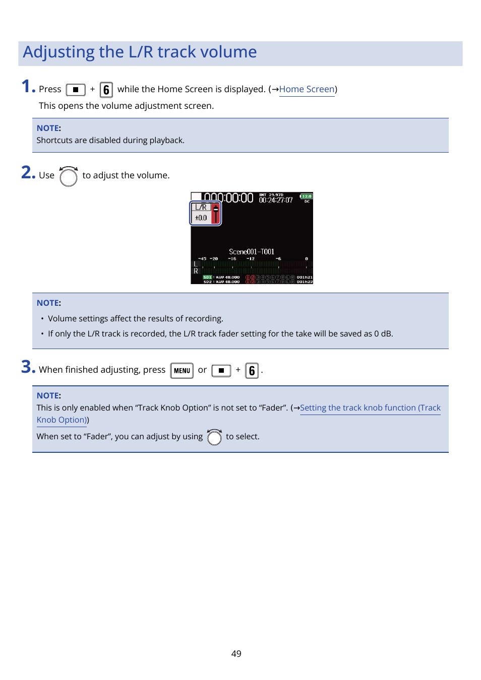 Adjusting the l/r track volume | Zoom F8n Pro 8-Input / 10-Track Multitrack Field Recorder User Manual | Page 49 / 316