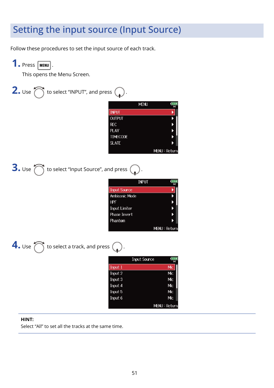 Setting the input source (input source) | Zoom F8n Pro 8-Input / 10-Track Multitrack Field Recorder User Manual | Page 51 / 316
