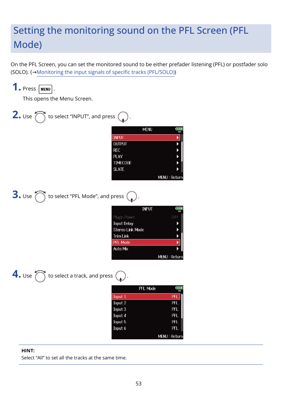 Setting the monitoring sound on, The pfl screen (pfl mode), Setting | The monitoring sound on the pfl screen (pfl mode), Setting the, Monitoring sound on the pfl screen (pfl mode) | Zoom F8n Pro 8-Input / 10-Track Multitrack Field Recorder User Manual | Page 53 / 316