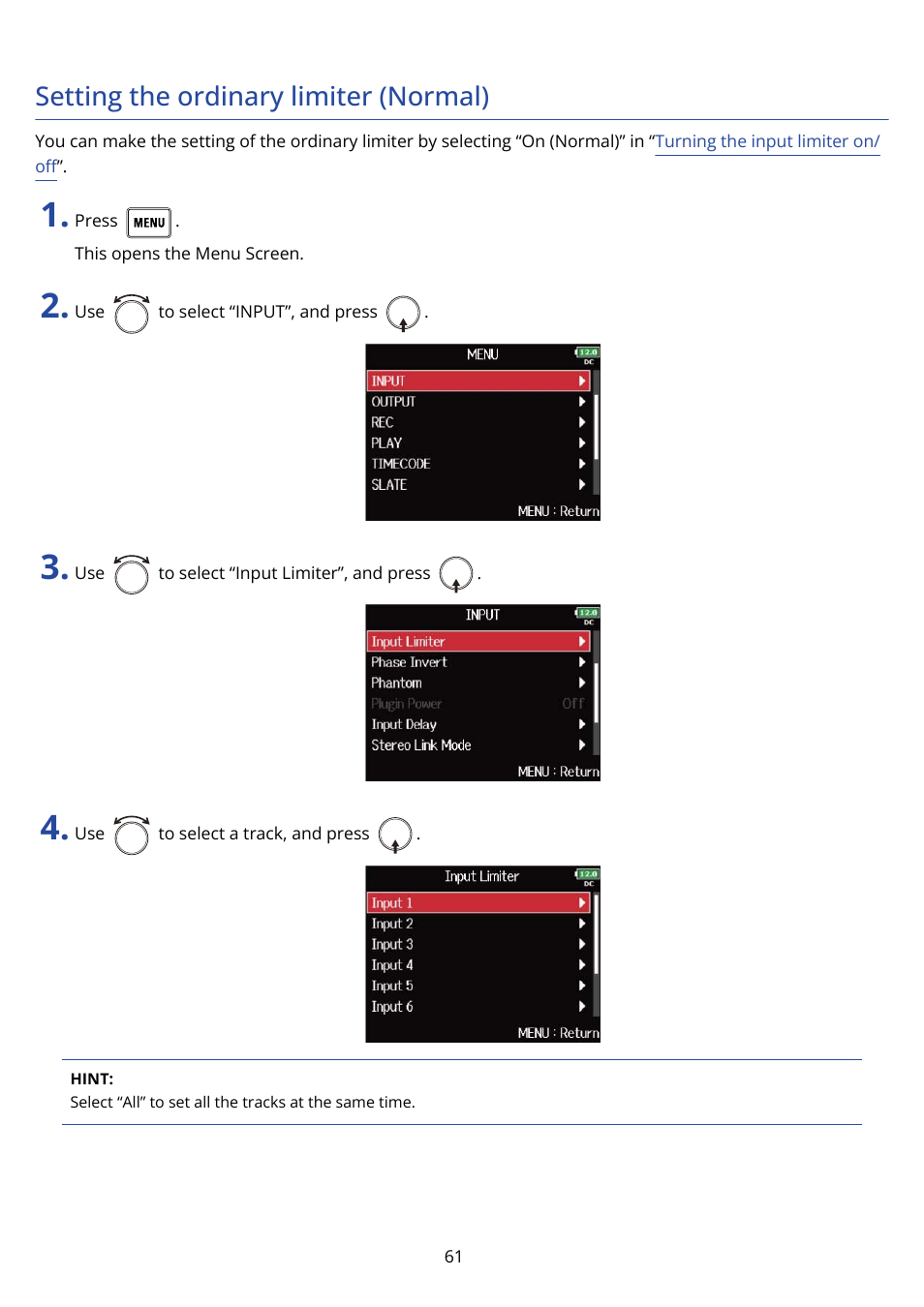 Setting the ordinary limiter (normal) | Zoom F8n Pro 8-Input / 10-Track Multitrack Field Recorder User Manual | Page 61 / 316