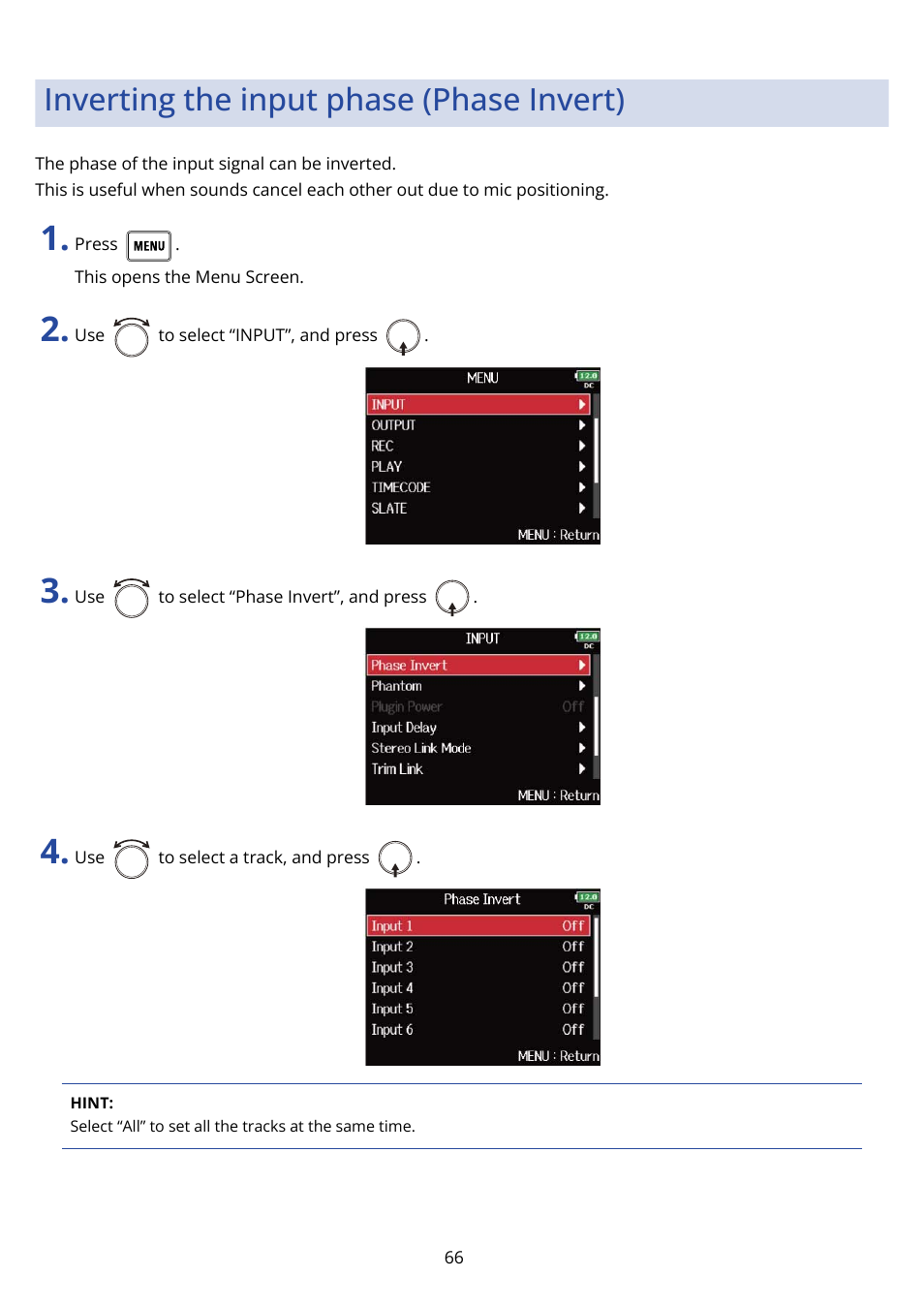 Inverting the input phase (phase invert), Inverting the input phase (phase, Invert) | Zoom F8n Pro 8-Input / 10-Track Multitrack Field Recorder User Manual | Page 66 / 316