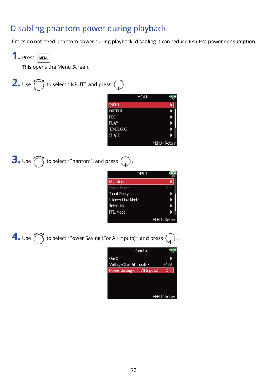 Disabling phantom power during playback | Zoom F8n Pro 8-Input / 10-Track Multitrack Field Recorder User Manual | Page 72 / 316