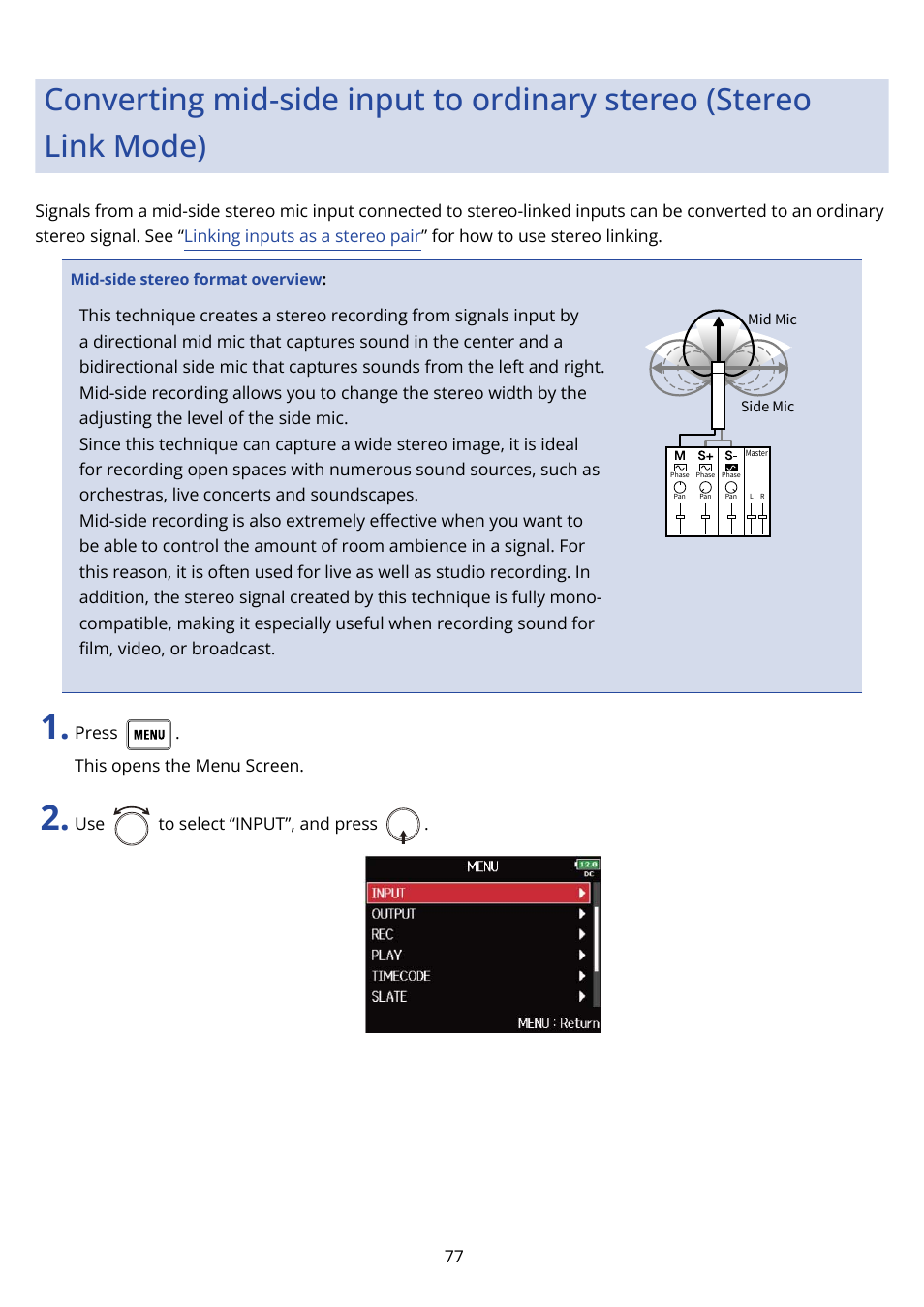 Converting mid-side input to ordinary, Stereo (stereo link mode) | Zoom F8n Pro 8-Input / 10-Track Multitrack Field Recorder User Manual | Page 77 / 316